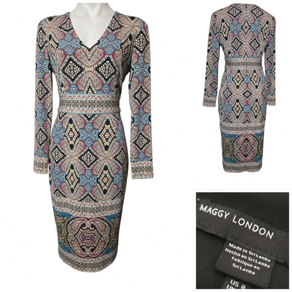 Maggy London midi dress V-Neck Long Sleeve Paisley Geometric Sheath Size 8